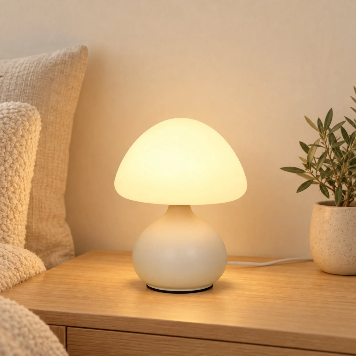 Petite lampe champignon minimaliste allumée, idée cadeau déco pour Noël