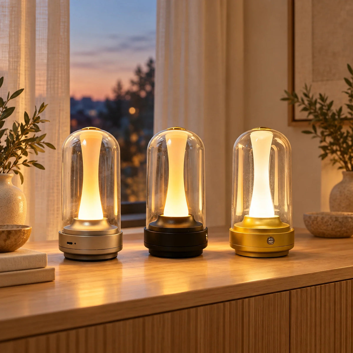 Lampes de table sans fil en verre posées sur une table