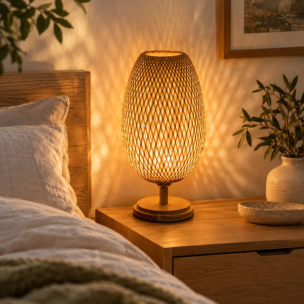 Lampe en bambou tressé allumée le soir
