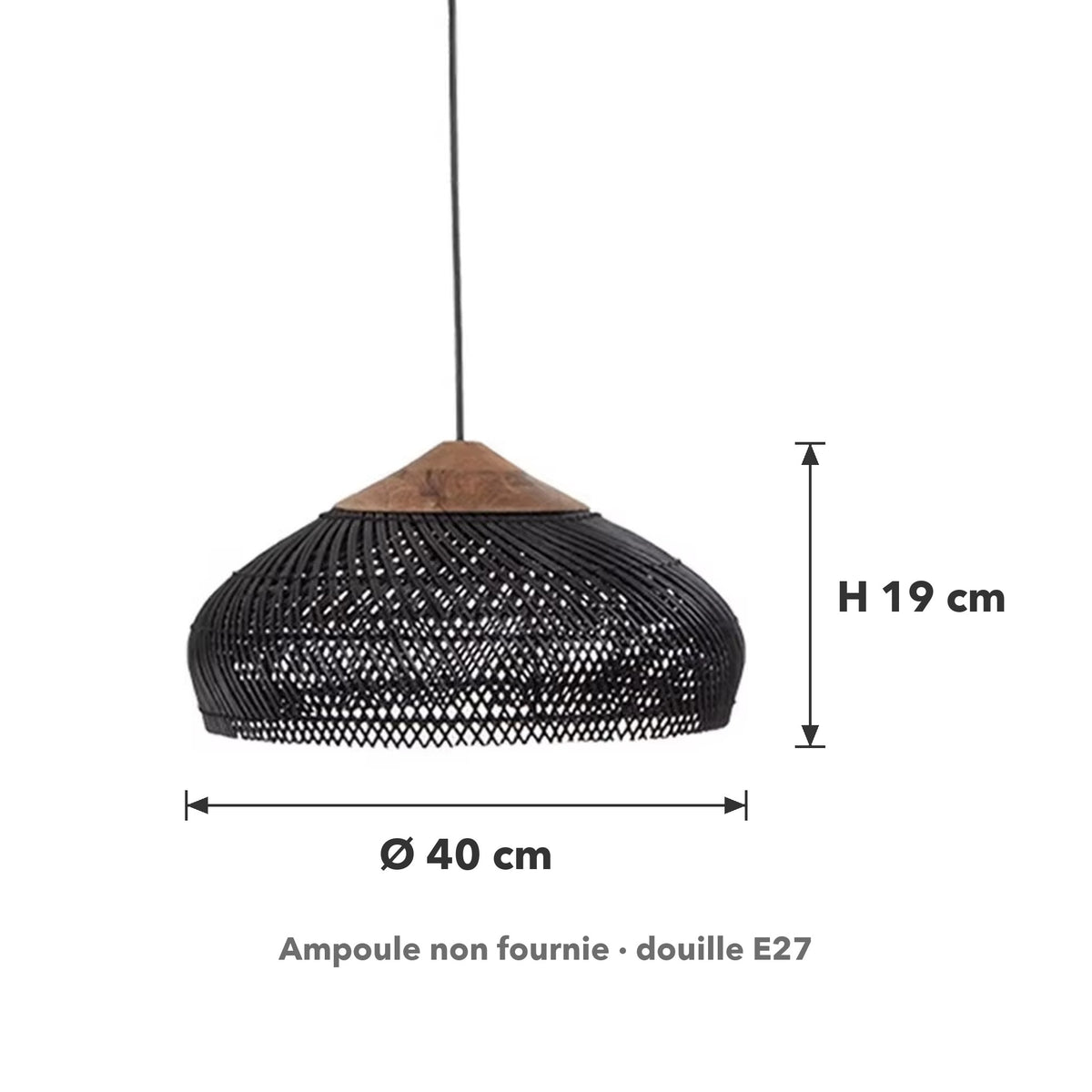 Dimensions de la suspension en rotin noir : Ø 40 cm, hauteur 19 cm, douille E27