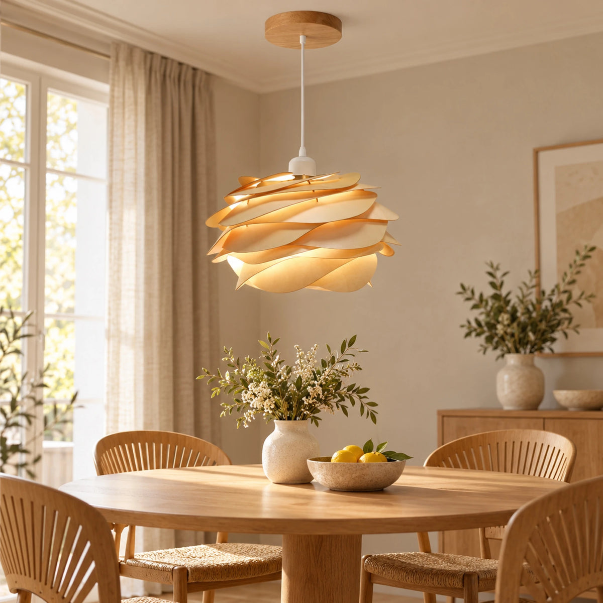 Suspension en bois à lamelles courbes au-dessus d'une table ronde