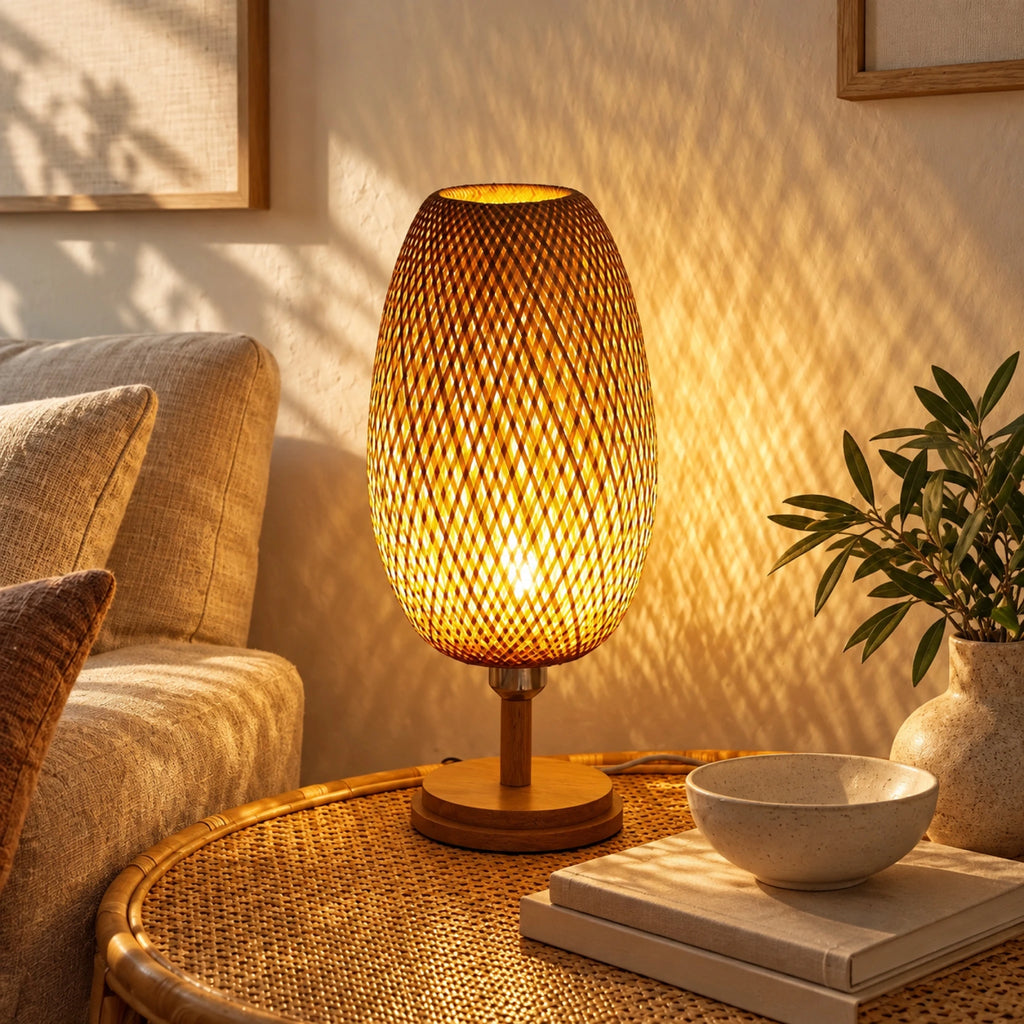 Lampe en bambou tressé projetant des motifs de lumière