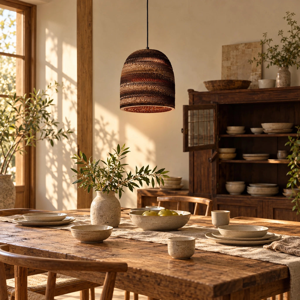 Suspension en papier ondulé brun au-dessus d'une table en bois