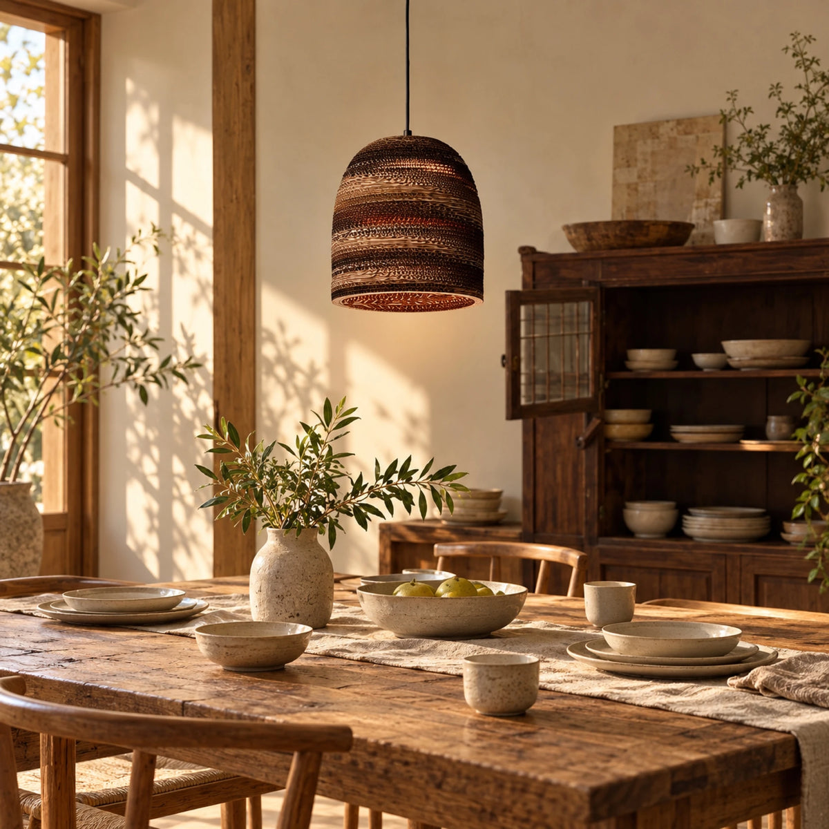 Suspension en papier ondulé brun au-dessus d'une table en bois
