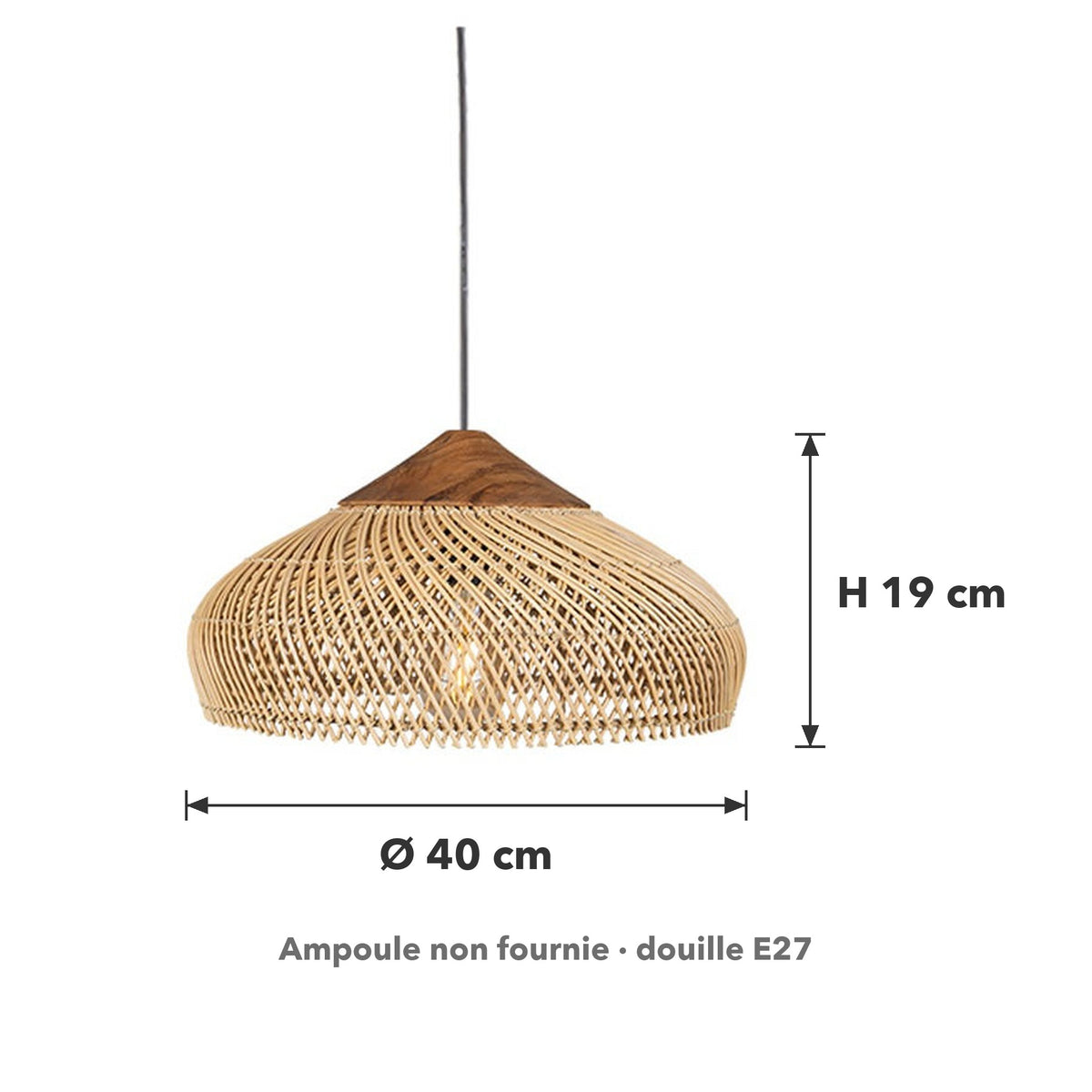 Dimensions de la suspension en rotin naturel : Ø 40 cm, hauteur 19 cm, douille E27