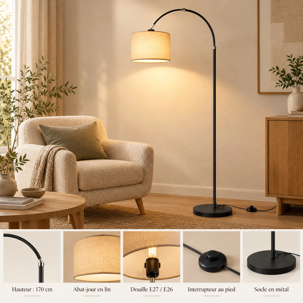 Lampadaire arc 170 cm avec abat-jour en lin dans un salon