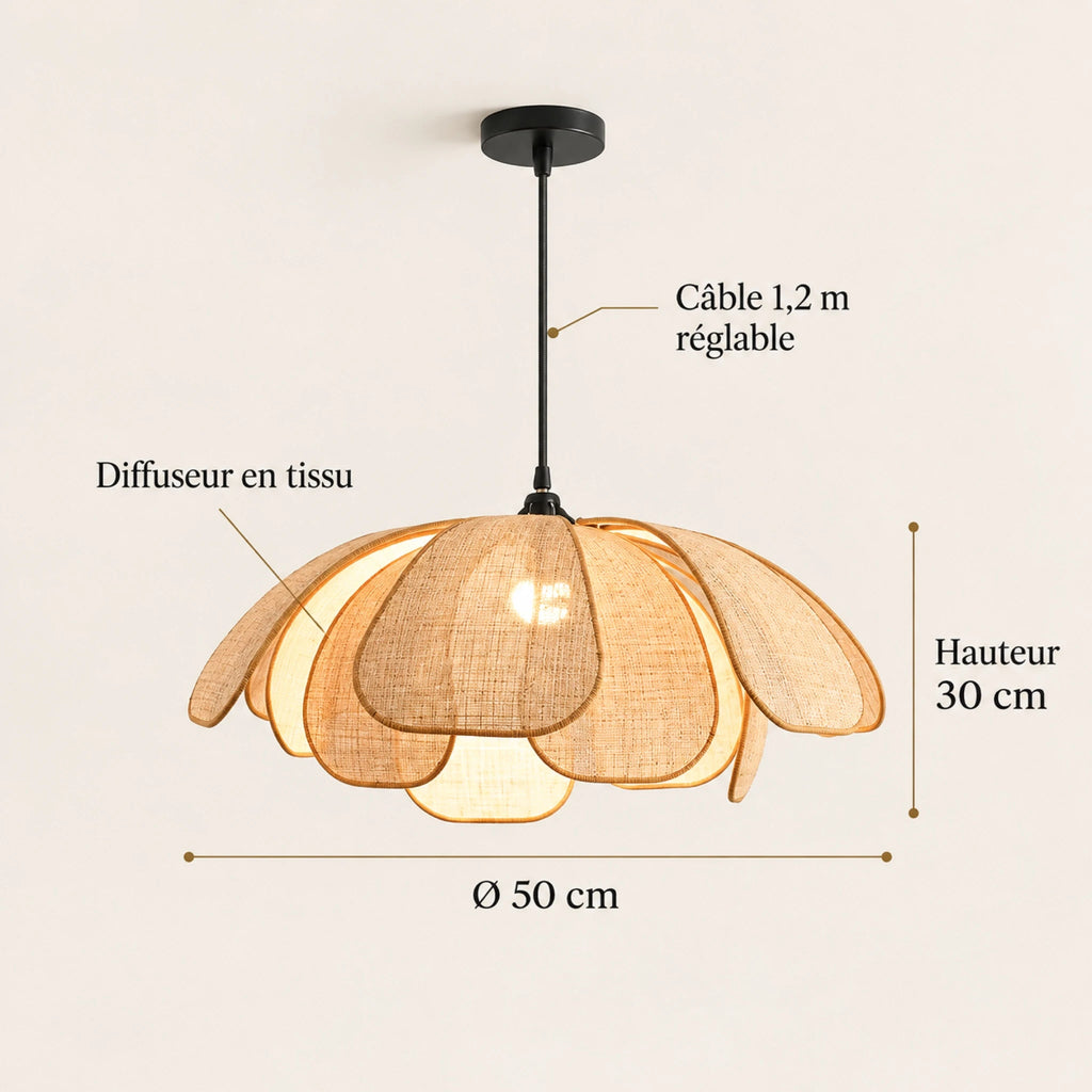 Dimensions de la suspension pétales en rotin