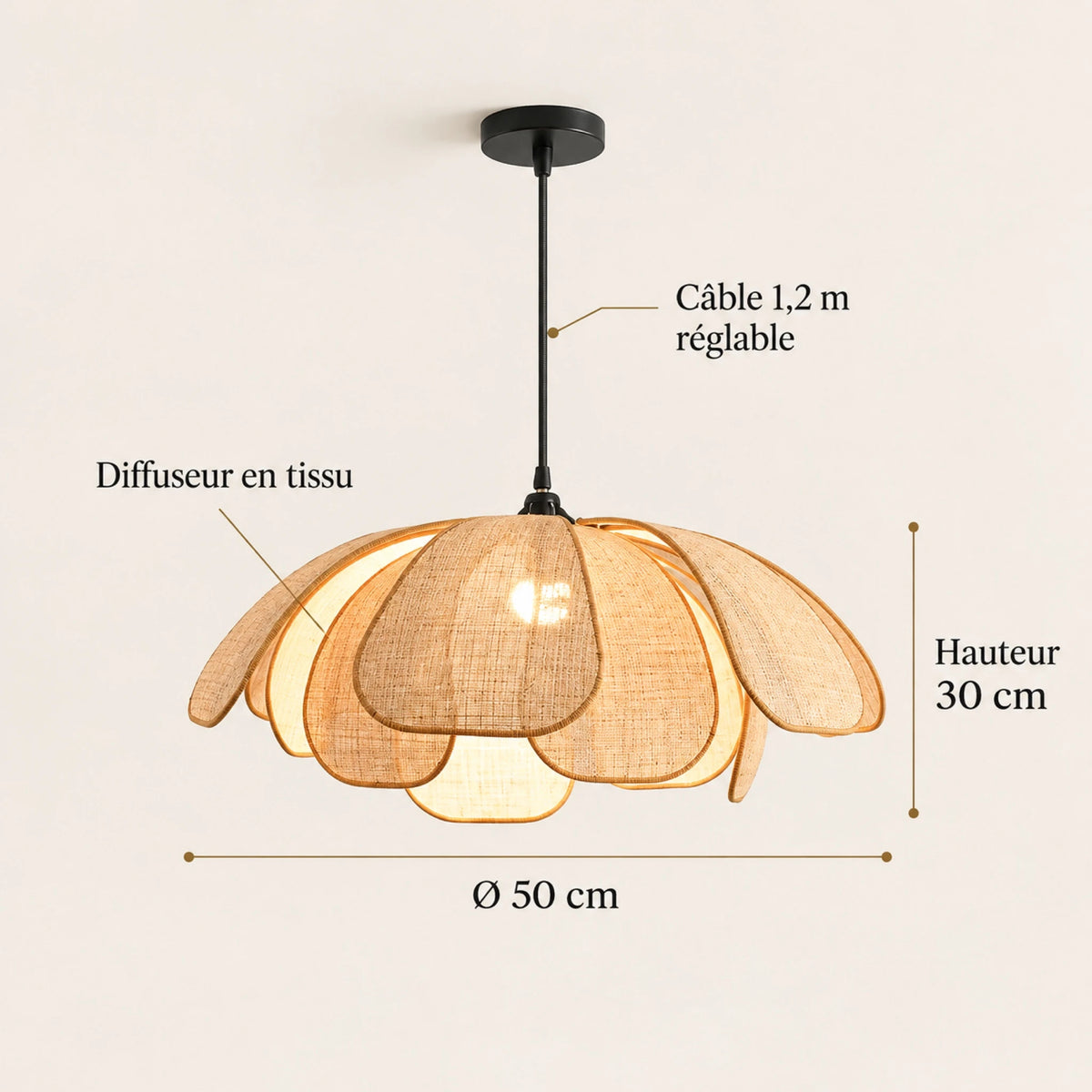Dimensions de la suspension pétales en rotin
