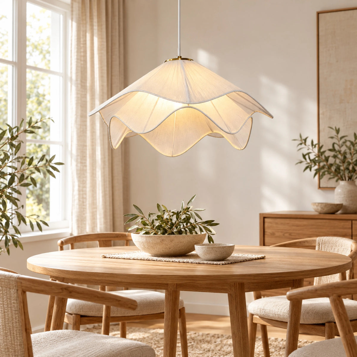 Suspension fleur en tissu blanc au-dessus d'une table