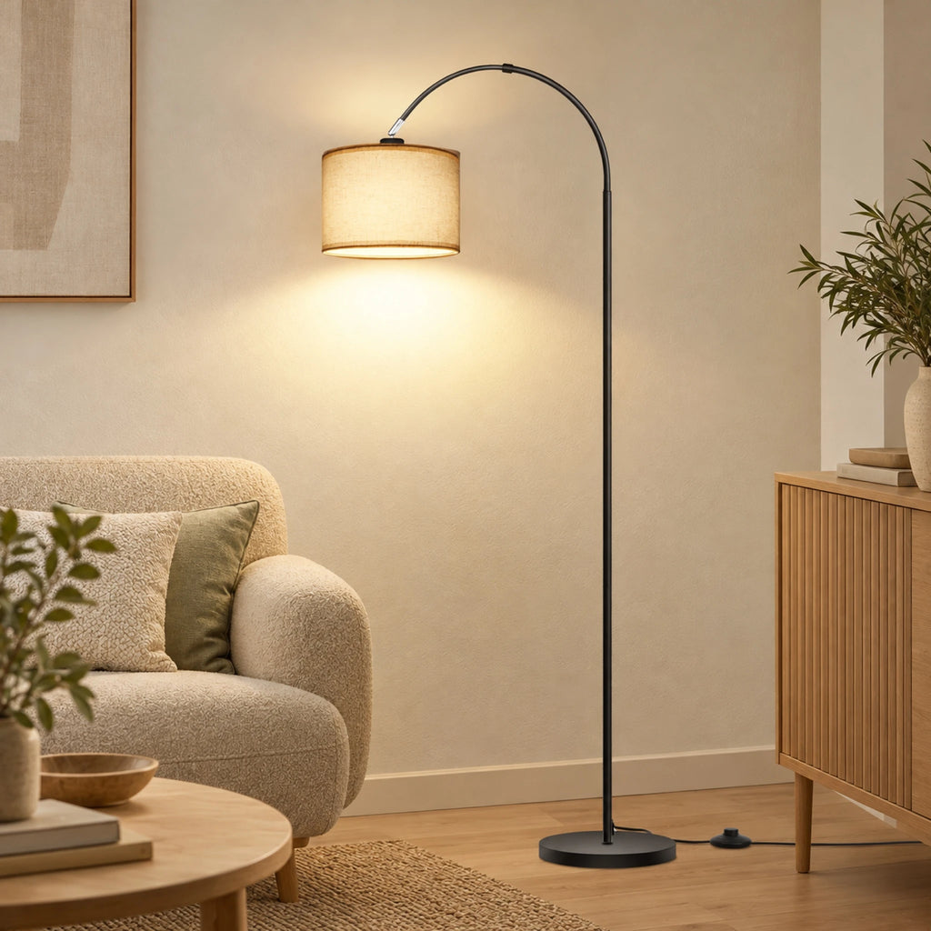 Lampadaire arc noir, abat-jour beige