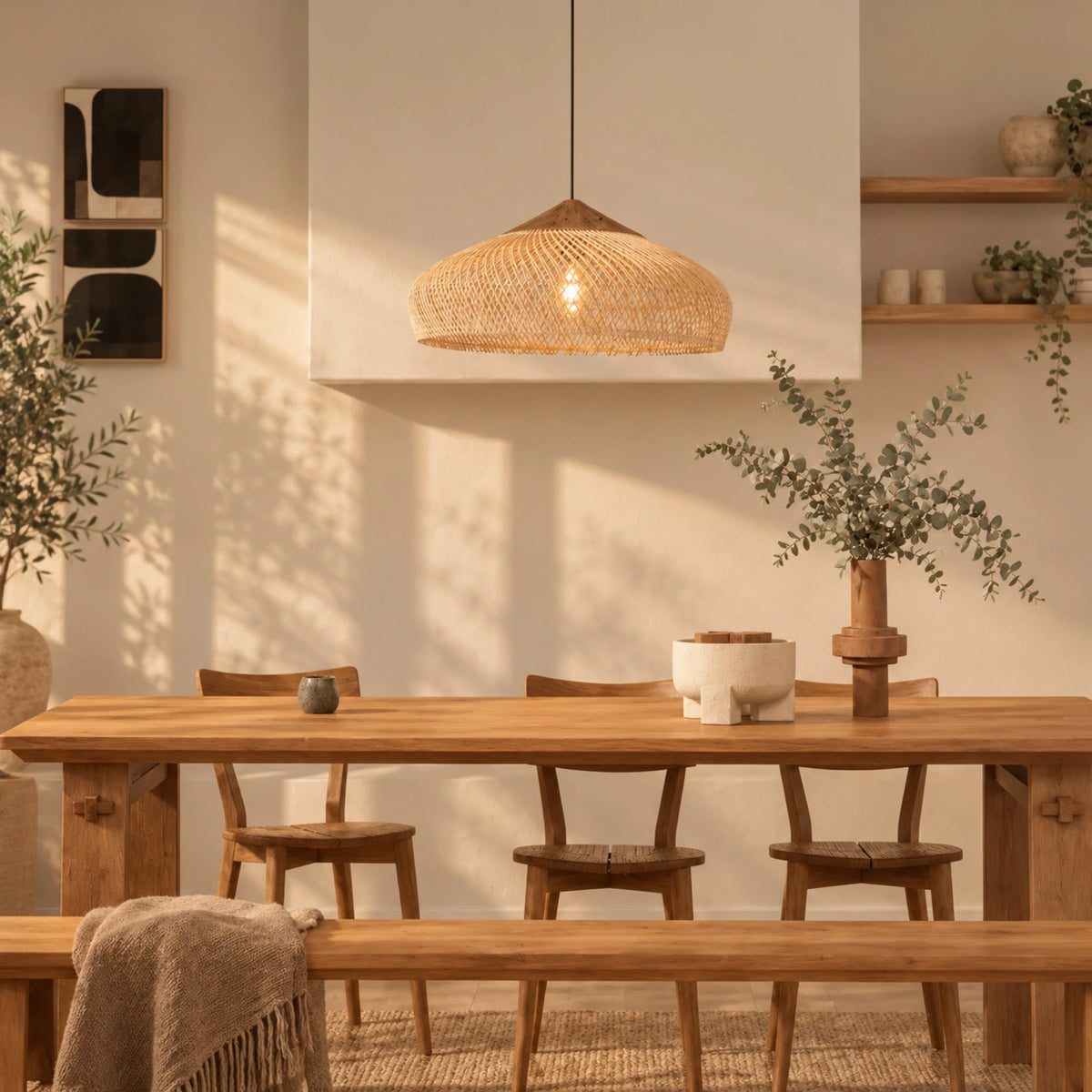 Suspension soucoupe en rotin au-dessus d'une table en bois