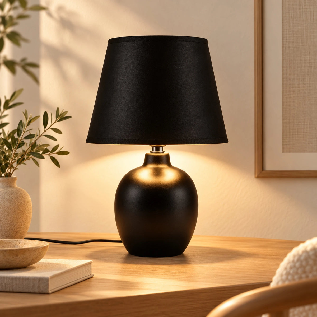 Lampe en céramique noire et abat-jour en tissu