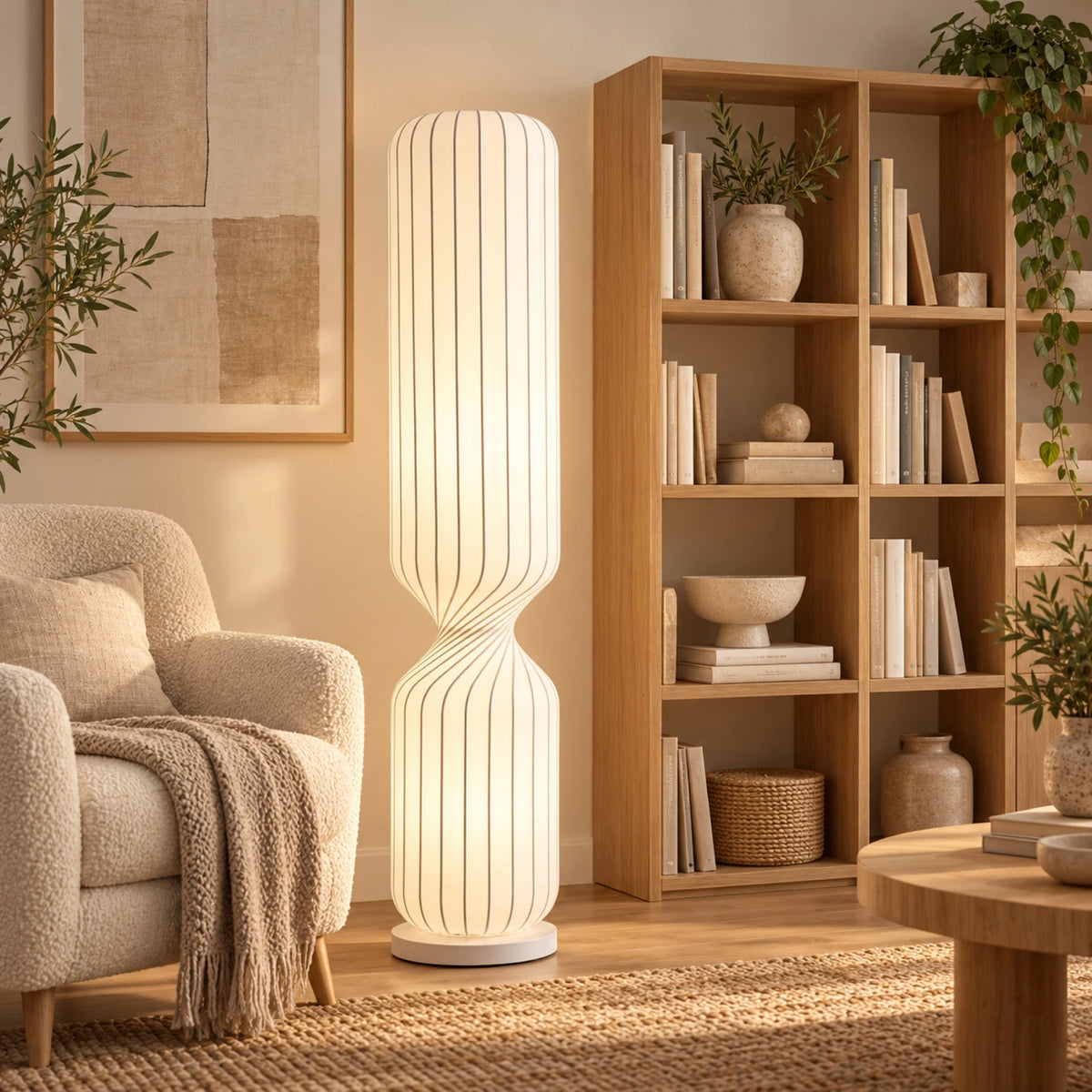 Lampadaire en soie allumé près d'un fauteuil