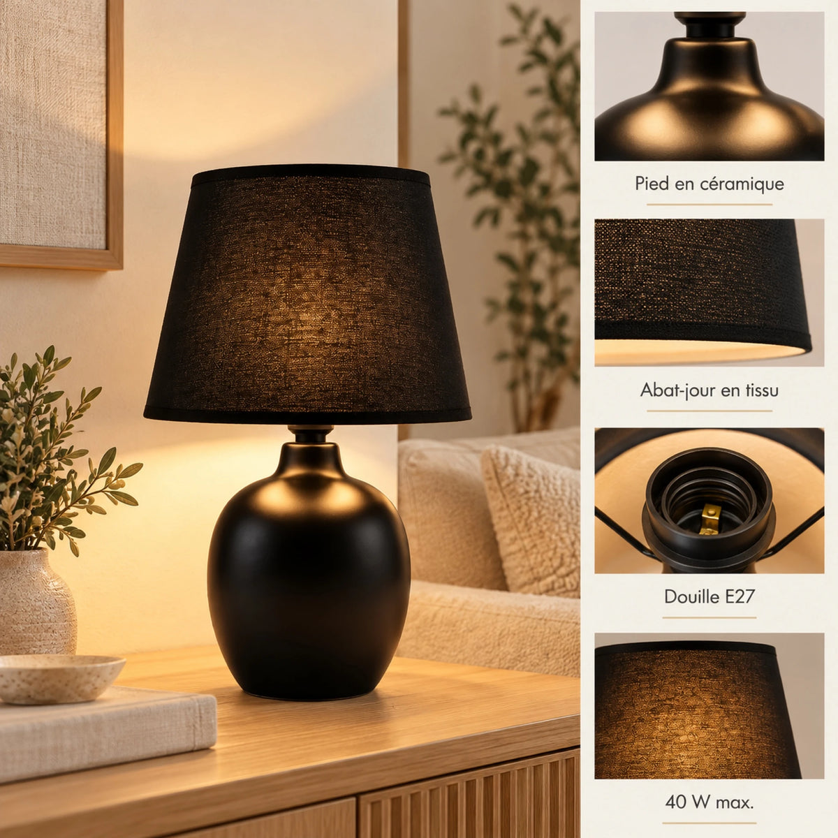 Lampe en céramique allumée sur une table