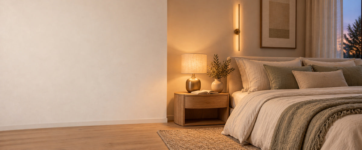 Chambre scandinave avec lampe de chevet et applique murale allumées