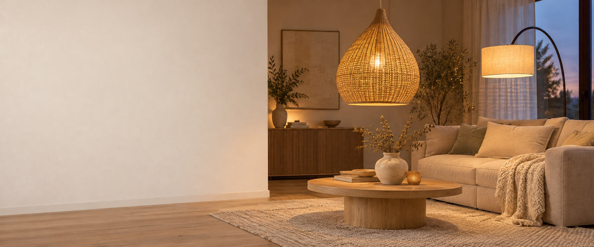 Salon scandinave avec suspension en rotin et lampadaire arc en lin allumés