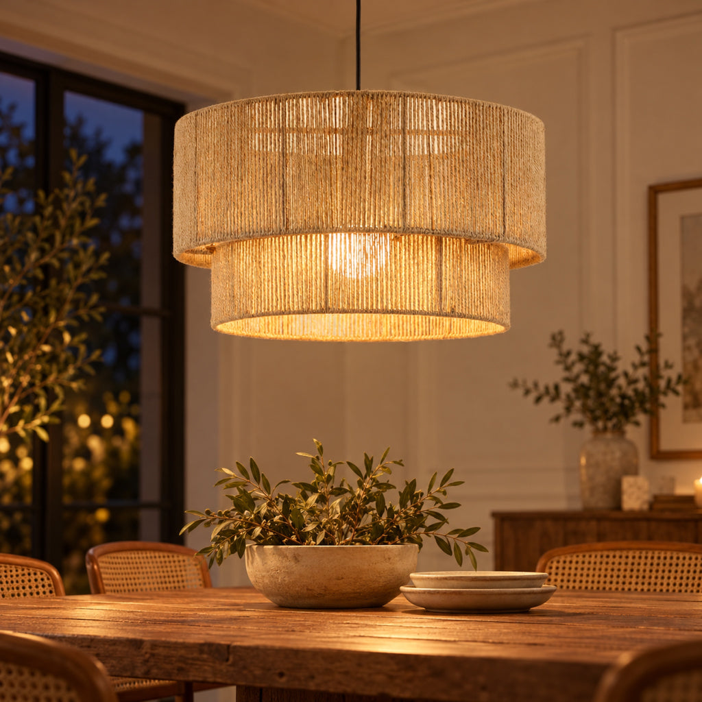 Suspension en corde de jute allumée au-dessus d'une table en bois